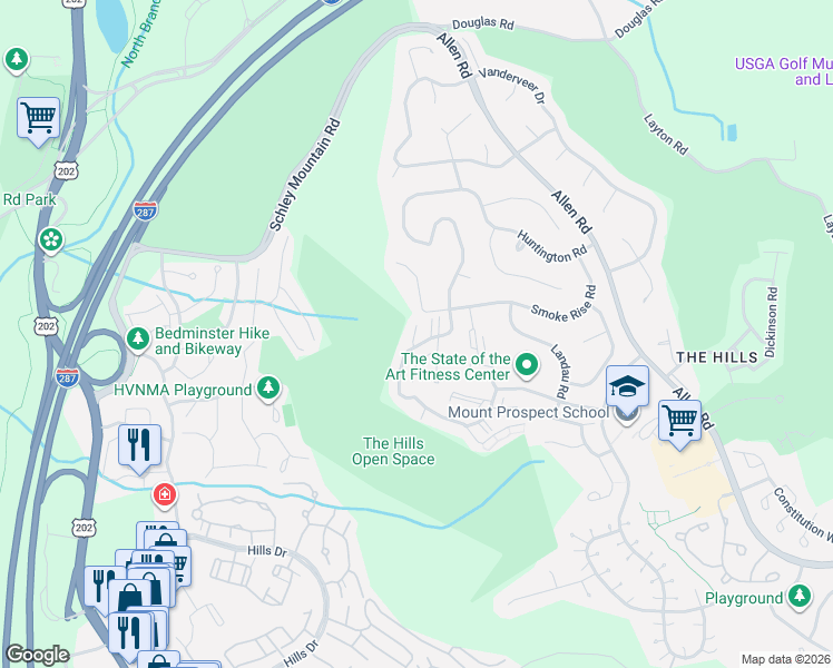 map of restaurants, bars, coffee shops, grocery stores, and more near 9 Danbury Court in Bedminster
