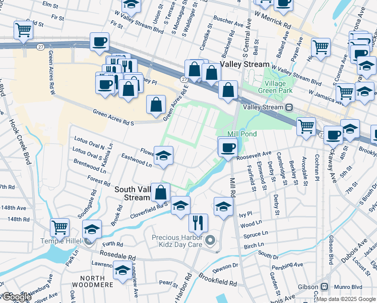 map of restaurants, bars, coffee shops, grocery stores, and more near 5 Firethorne Lane in Valley Stream