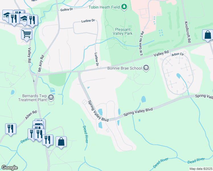 map of restaurants, bars, coffee shops, grocery stores, and more near 51 Woodward Lane in Bernards