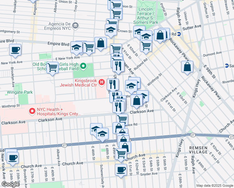 map of restaurants, bars, coffee shops, grocery stores, and more near 608 Utica Avenue in Brooklyn