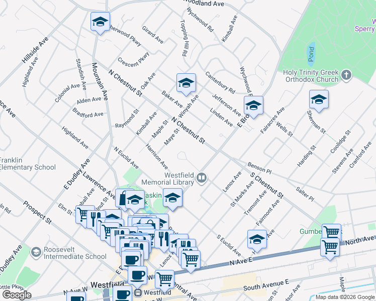 map of restaurants, bars, coffee shops, grocery stores, and more near 139 North Chestnut Street in Westfield