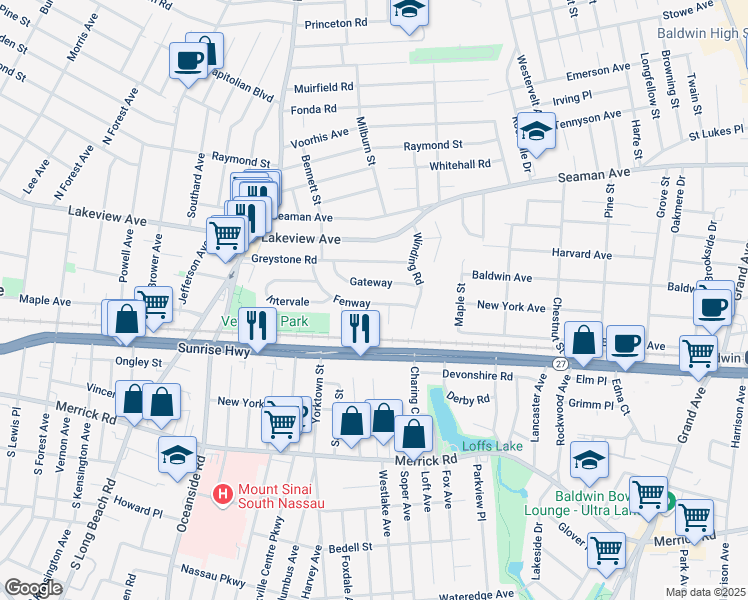 map of restaurants, bars, coffee shops, grocery stores, and more near 42 Gateway in Rockville Centre