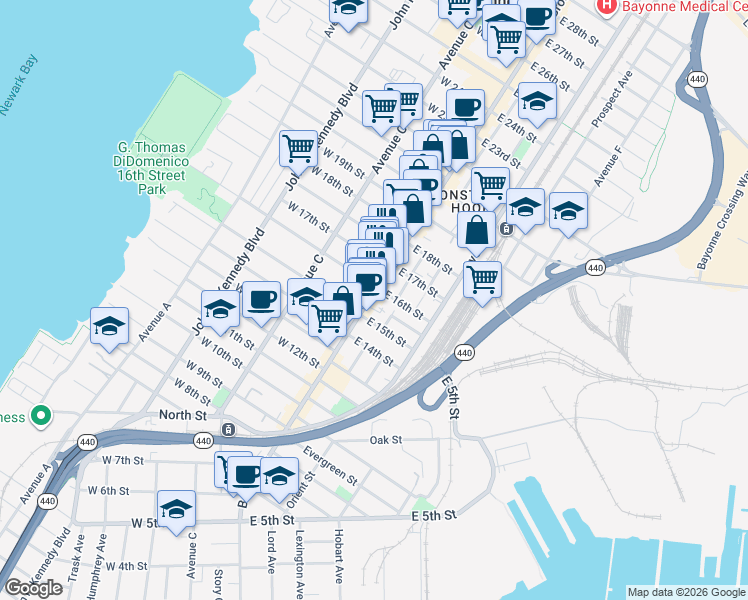 map of restaurants, bars, coffee shops, grocery stores, and more near 355 Broadway in Bayonne