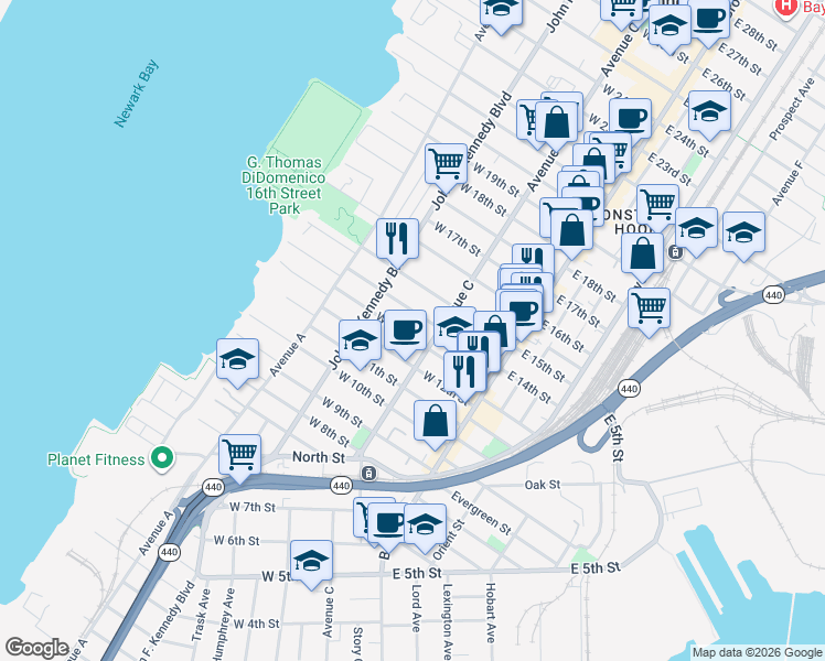 map of restaurants, bars, coffee shops, grocery stores, and more near 74 West 14th Street in Bayonne