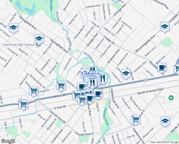 map of restaurants, bars, coffee shops, grocery stores, and more near 21 Springfield Avenue in Cranford