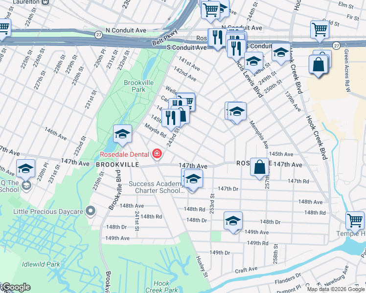 map of restaurants, bars, coffee shops, grocery stores, and more near 24235 Mayda Road in Queens