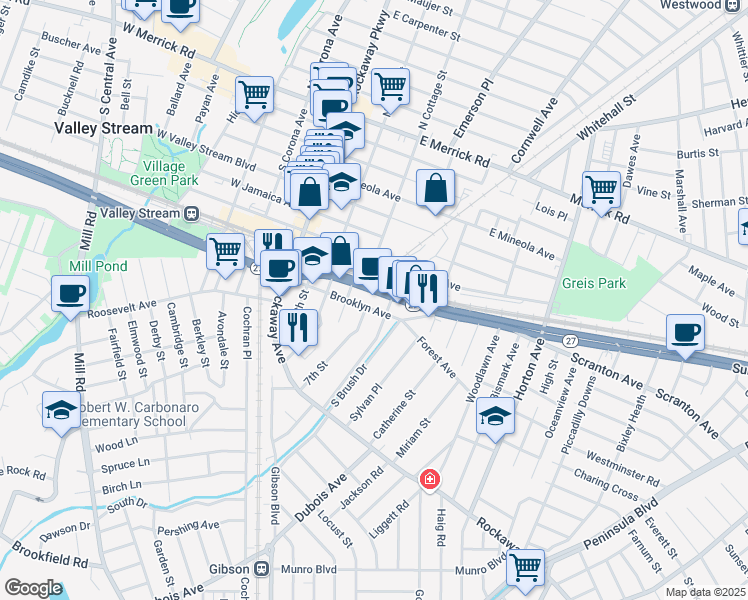map of restaurants, bars, coffee shops, grocery stores, and more near 70 Sunrise Highway in Valley Stream
