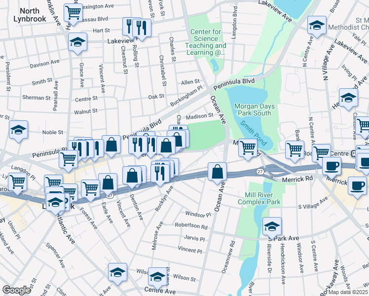 map of restaurants, bars, coffee shops, grocery stores, and more near 75 Merrick Road in Lynbrook