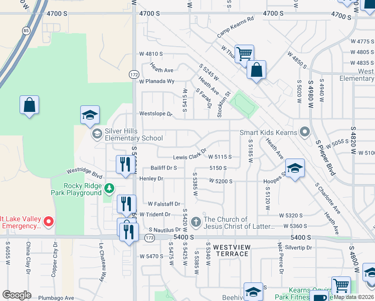 map of restaurants, bars, coffee shops, grocery stores, and more near 5411 Mountain Men Drive South in Kearns