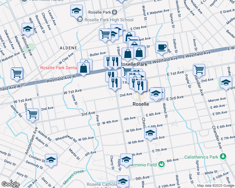 map of restaurants, bars, coffee shops, grocery stores, and more near 122 Locust Street in Roselle