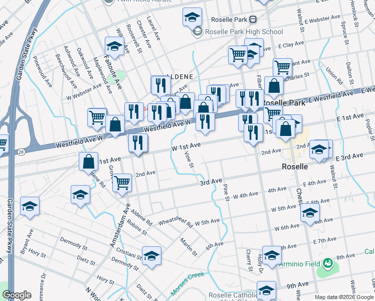 map of restaurants, bars, coffee shops, grocery stores, and more near 549 West 1st Avenue in Roselle