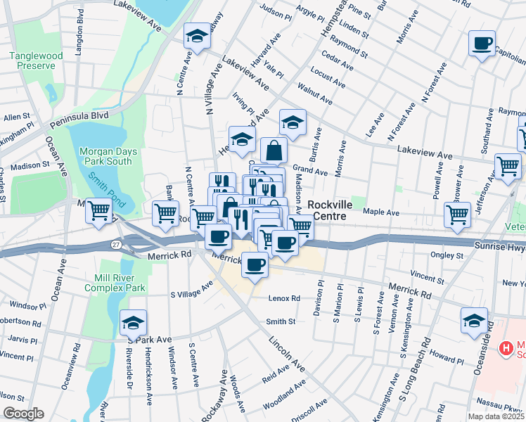 map of restaurants, bars, coffee shops, grocery stores, and more near in Rockville Centre