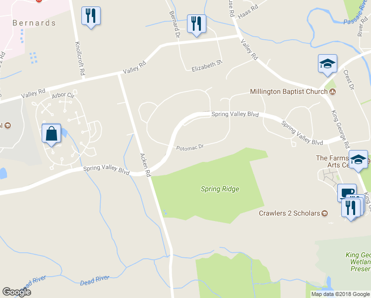map of restaurants, bars, coffee shops, grocery stores, and more near 70 Potomac Drive in Bernards