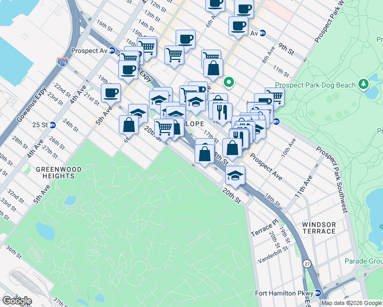 map of restaurants, bars, coffee shops, grocery stores, and more near 404 19th Street in Brooklyn