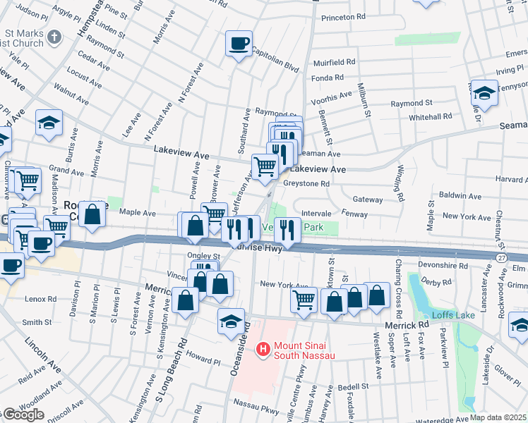 map of restaurants, bars, coffee shops, grocery stores, and more near 143 North Long Beach Road in Rockville Centre