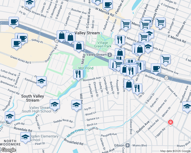 map of restaurants, bars, coffee shops, grocery stores, and more near 46 Derby Street in Valley Stream