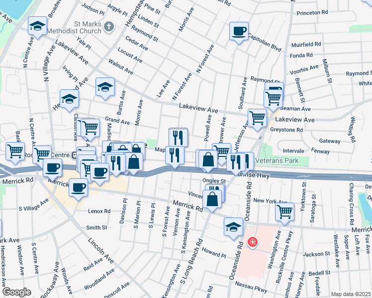 map of restaurants, bars, coffee shops, grocery stores, and more near 181 Maple Avenue in Rockville Centre