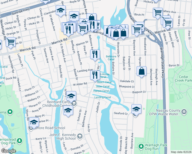 map of restaurants, bars, coffee shops, grocery stores, and more near 107 Kopf Road in Bellmore