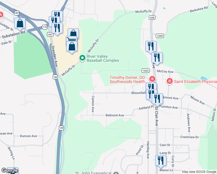 map of restaurants, bars, coffee shops, grocery stores, and more near 48712 Bloomfield Road in East Liverpool