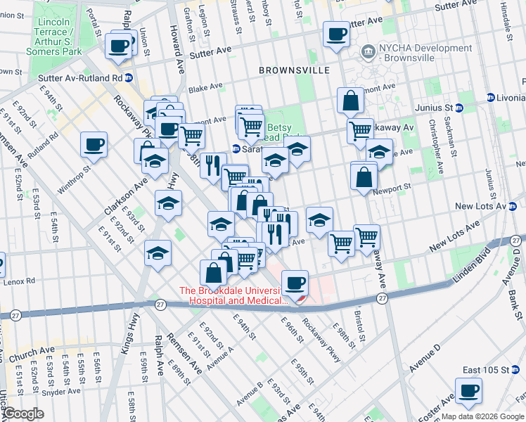 map of restaurants, bars, coffee shops, grocery stores, and more near 899 Saratoga Avenue in Brooklyn