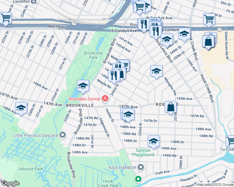 map of restaurants, bars, coffee shops, grocery stores, and more near 24235 Mayda Road in Queens