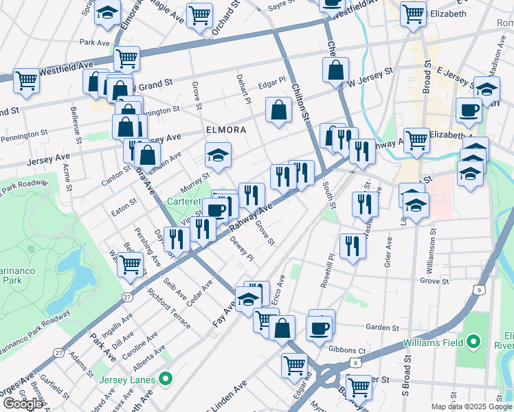 map of restaurants, bars, coffee shops, grocery stores, and more near 15 Grove Street in Elizabeth
