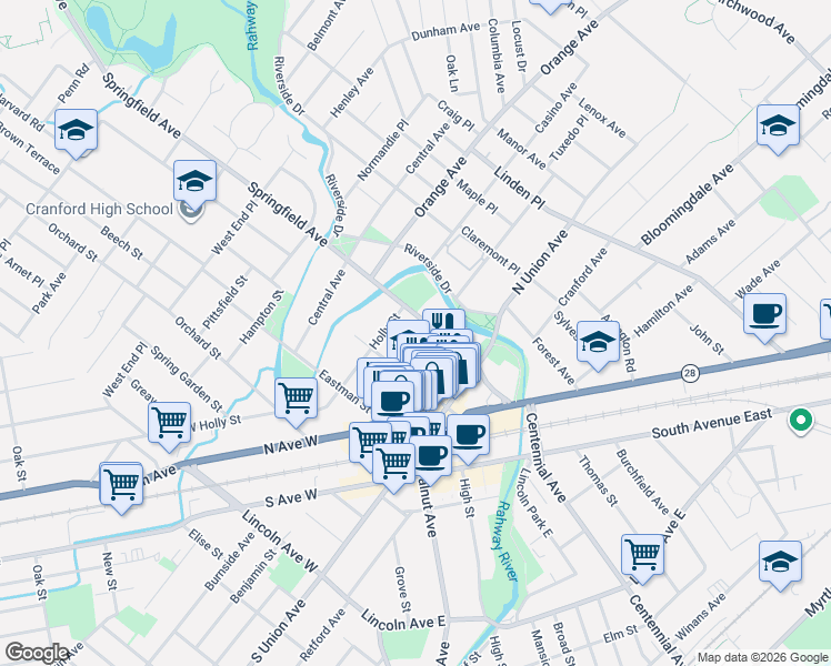 map of restaurants, bars, coffee shops, grocery stores, and more near 214 Holly Street in Cranford