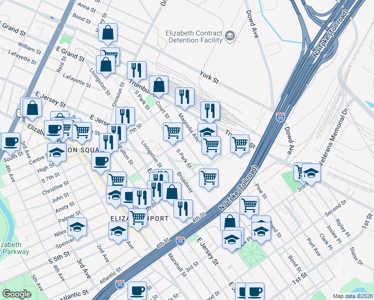 map of restaurants, bars, coffee shops, grocery stores, and more near 547 Court Street in Elizabeth