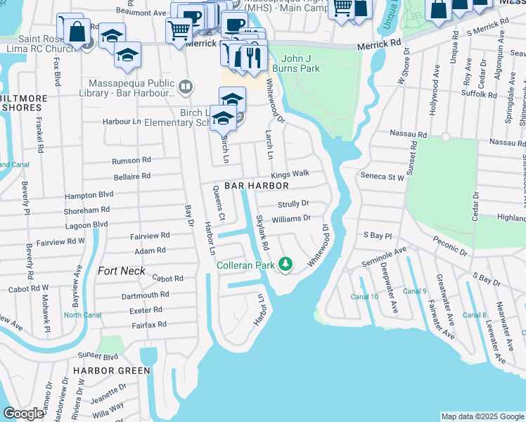map of restaurants, bars, coffee shops, grocery stores, and more near 17 Skylark Road in Massapequa Park
