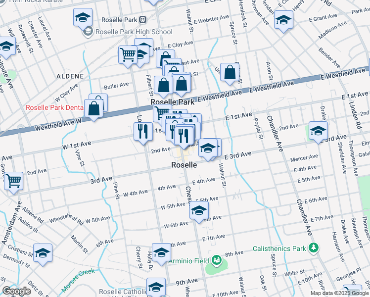 map of restaurants, bars, coffee shops, grocery stores, and more near 201 Chestnut Street in Roselle