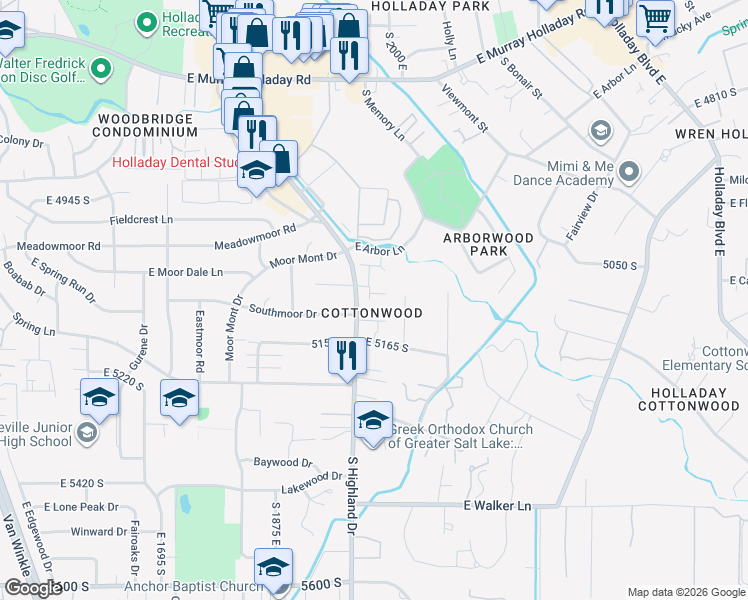 map of restaurants, bars, coffee shops, grocery stores, and more near in Holladay