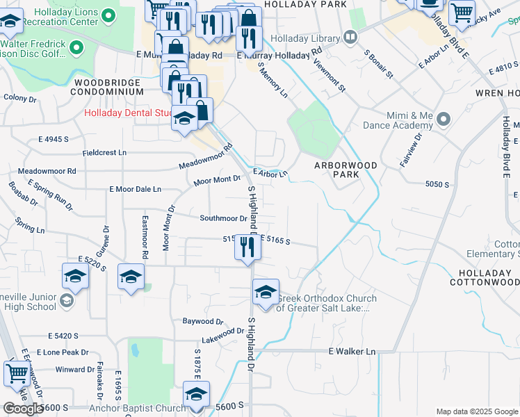 map of restaurants, bars, coffee shops, grocery stores, and more near in Holladay