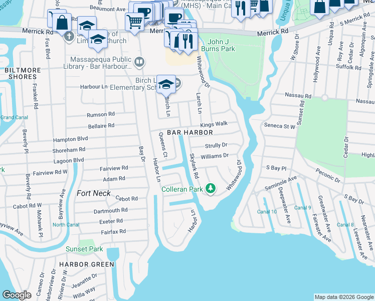 map of restaurants, bars, coffee shops, grocery stores, and more near 14 Skylark Road in Massapequa Park