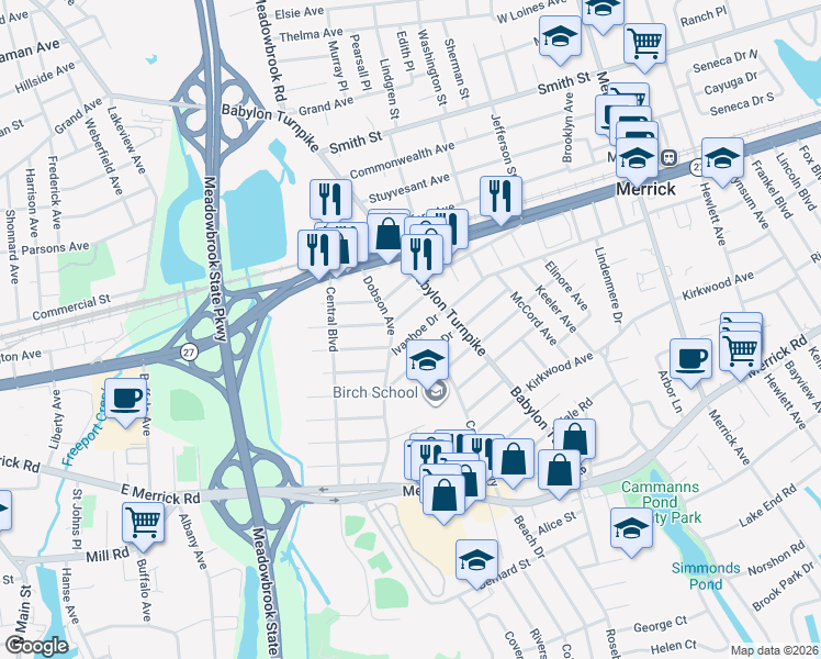 map of restaurants, bars, coffee shops, grocery stores, and more near 18 Ivanhoe Drive in Merrick