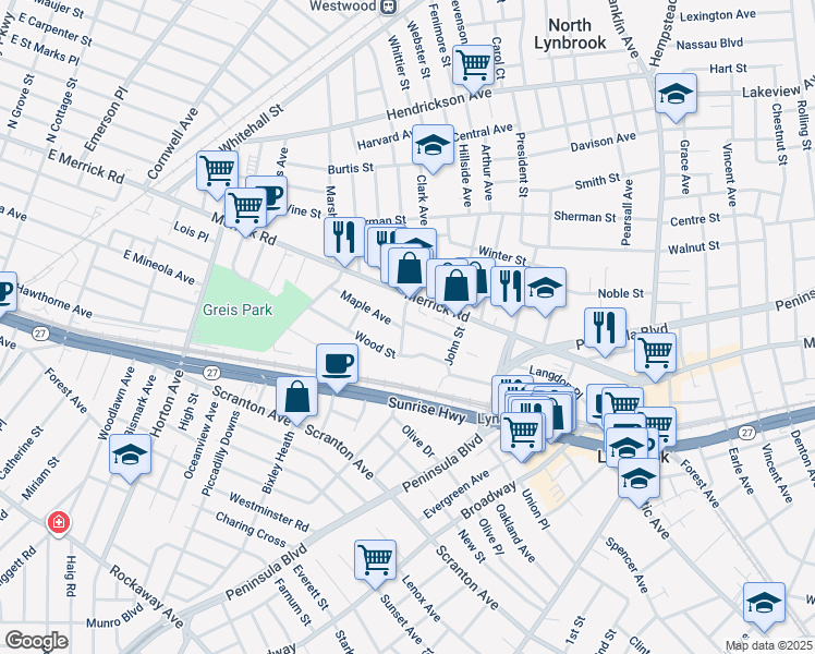 map of restaurants, bars, coffee shops, grocery stores, and more near 504 Merrick Road in Lynbrook