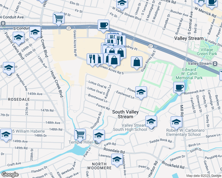 map of restaurants, bars, coffee shops, grocery stores, and more near 67 Flower Road in Valley Stream