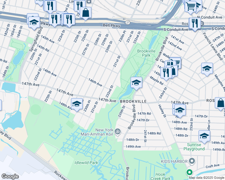map of restaurants, bars, coffee shops, grocery stores, and more near 145-49 232nd Street in Queens