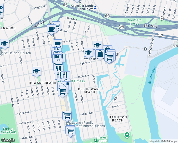 map of restaurants, bars, coffee shops, grocery stores, and more near 159-34 99th Street in Queens