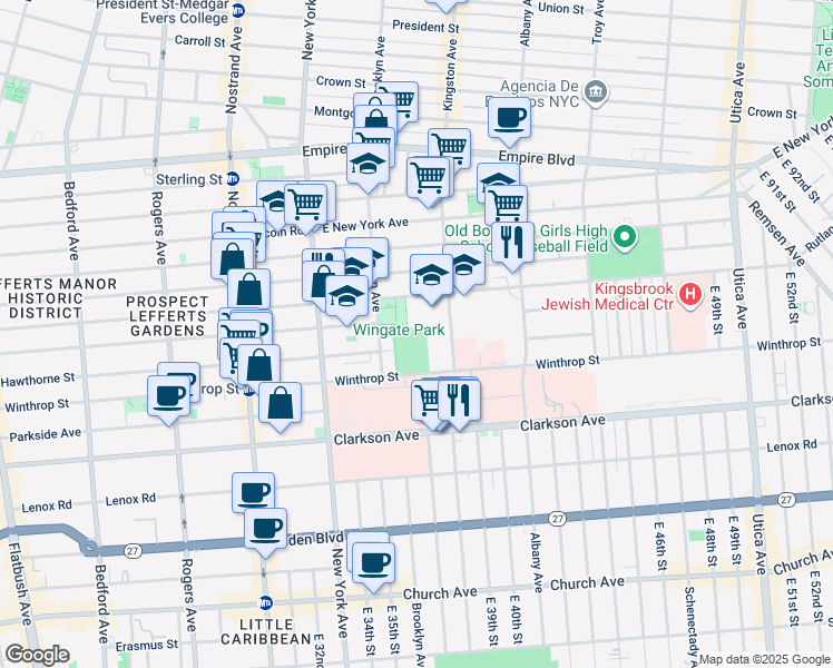 map of restaurants, bars, coffee shops, grocery stores, and more near 600 Kingston Avenue in Brooklyn