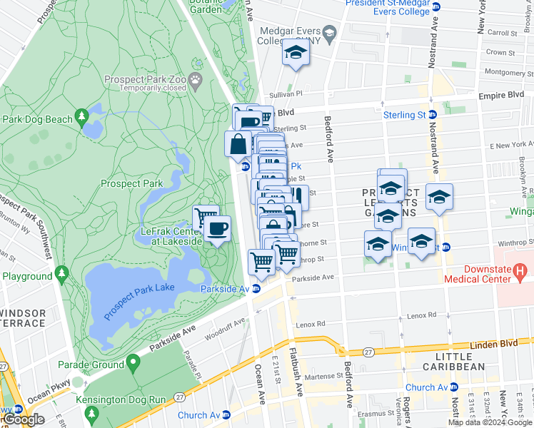 map of restaurants, bars, coffee shops, grocery stores, and more near 595 Flatbush Avenue in Brooklyn