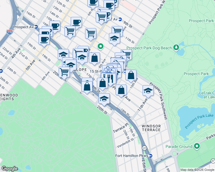 map of restaurants, bars, coffee shops, grocery stores, and more near 256 Prospect Park West in Brooklyn