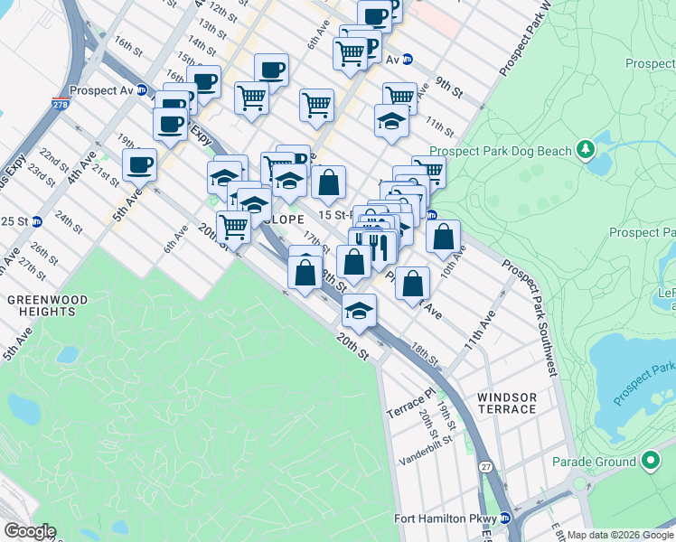 map of restaurants, bars, coffee shops, grocery stores, and more near 465 17th Street in Brooklyn