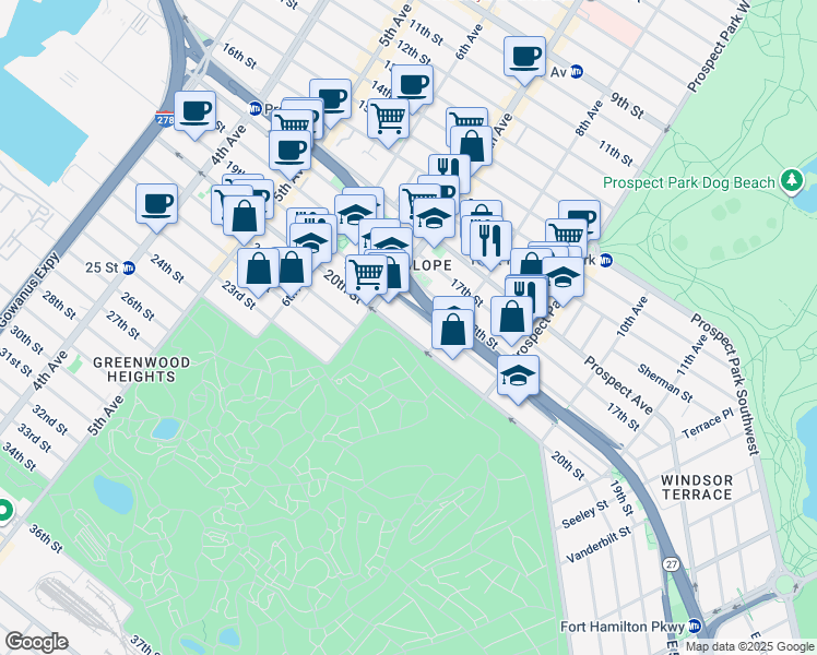 map of restaurants, bars, coffee shops, grocery stores, and more near 399 20th Street in Brooklyn