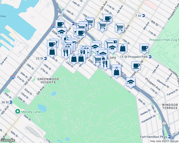 map of restaurants, bars, coffee shops, grocery stores, and more near 329 22nd Street in Brooklyn
