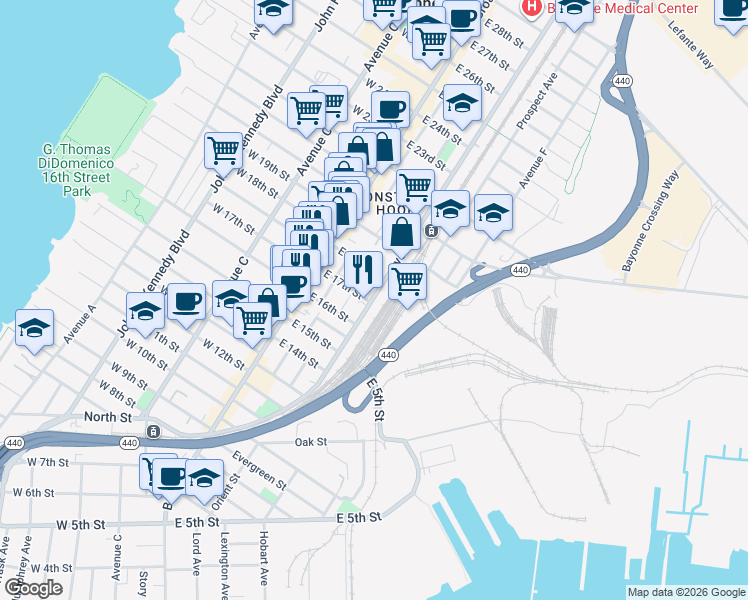 map of restaurants, bars, coffee shops, grocery stores, and more near 153 Avenue E in Bayonne