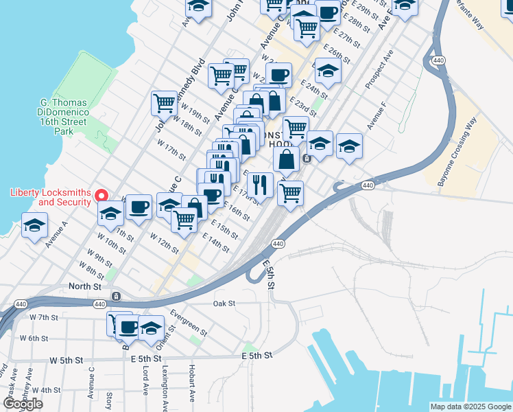 map of restaurants, bars, coffee shops, grocery stores, and more near 153 Avenue E in Bayonne