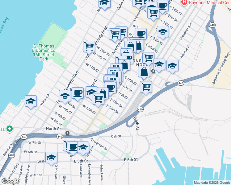 map of restaurants, bars, coffee shops, grocery stores, and more near 355 Broadway in Bayonne