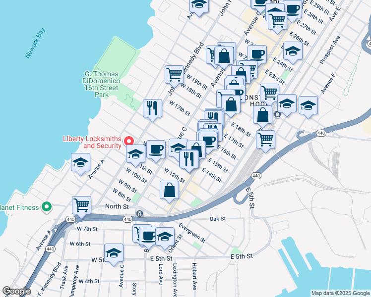 map of restaurants, bars, coffee shops, grocery stores, and more near 348 Avenue C in Bayonne
