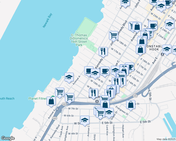 map of restaurants, bars, coffee shops, grocery stores, and more near 122 West 12th Street in Bayonne