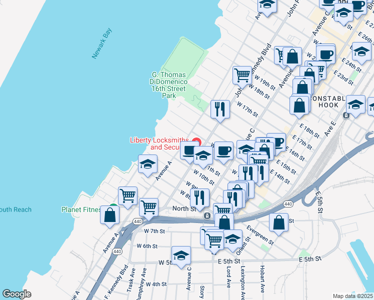 map of restaurants, bars, coffee shops, grocery stores, and more near 122 West 12th Street in Bayonne